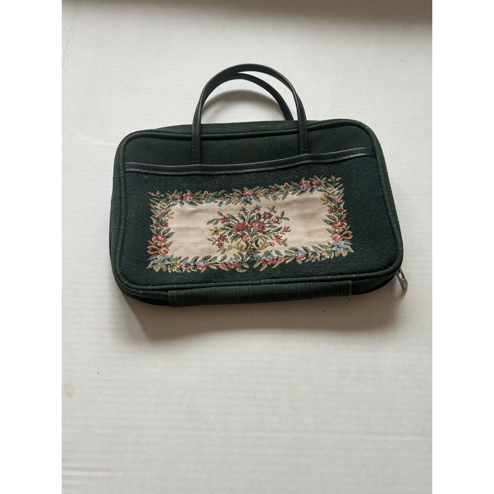 Vintage Sewing Supplies Organizer Bag Green Floral Folding Storage Case